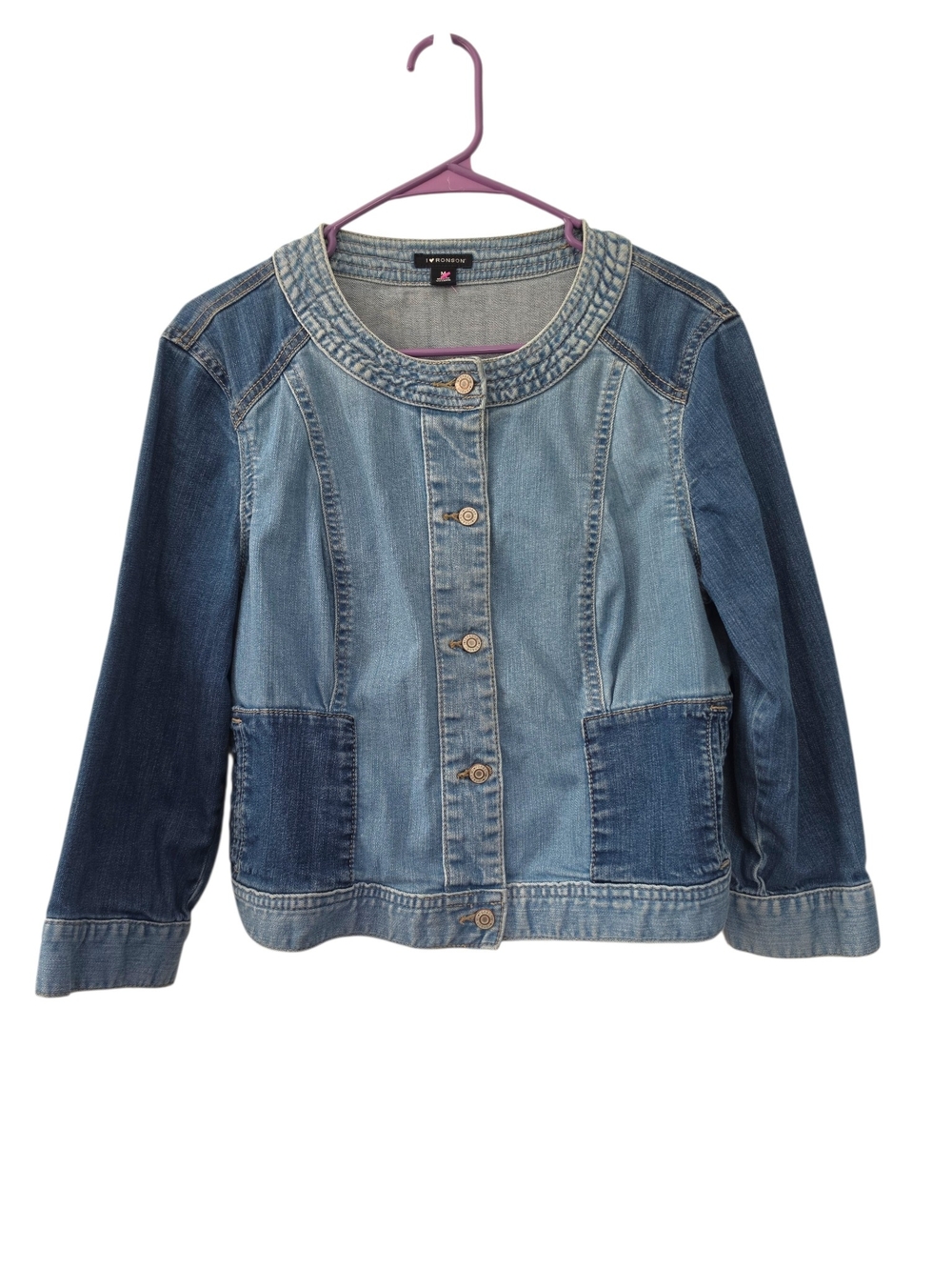 I Heart Ronson Denim Patchwork Button-Front Jacket - Light Blue Size Medium